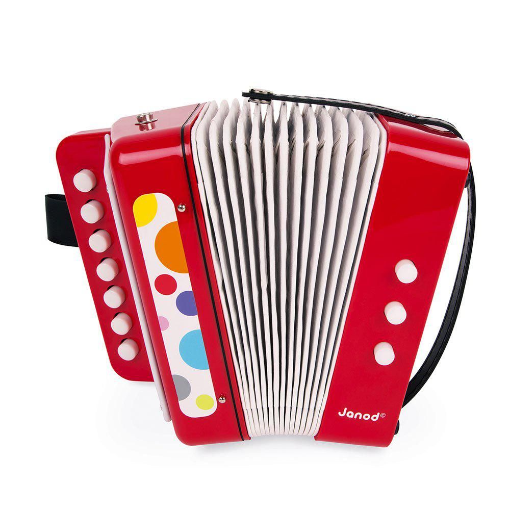 Acordeão de brinquedo Janod Confetti vermelho com botões brancos e design colorido.