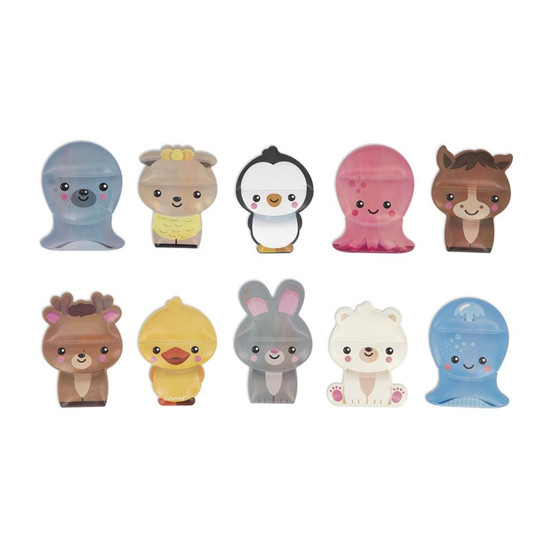 Conjunto de 10 animais de banho Janod para combinar, mostrando as diferentes peças e possibilidades de criação.