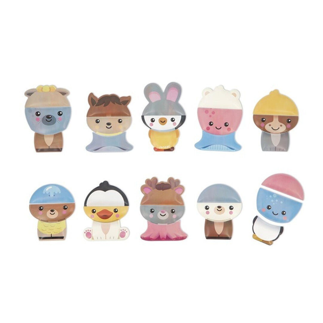 Conjunto de 10 animais de banho Janod para combinar, mostrando as diferentes peças e possibilidades de criação.
