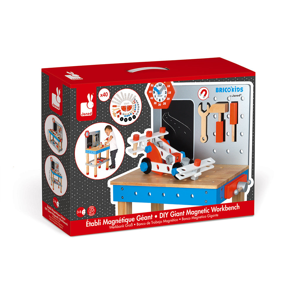 Embalagem da bancada de trabalho magnética Janod Brico Kids, com destaque para os acessórios e o design atraente para crianças.