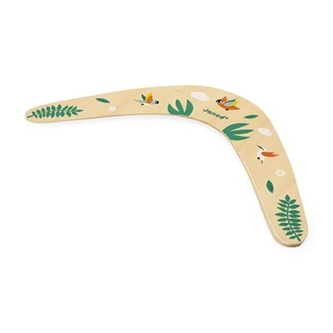 Boomerang de madeira Janod Tropik com design tropical de pássaros e folhas.