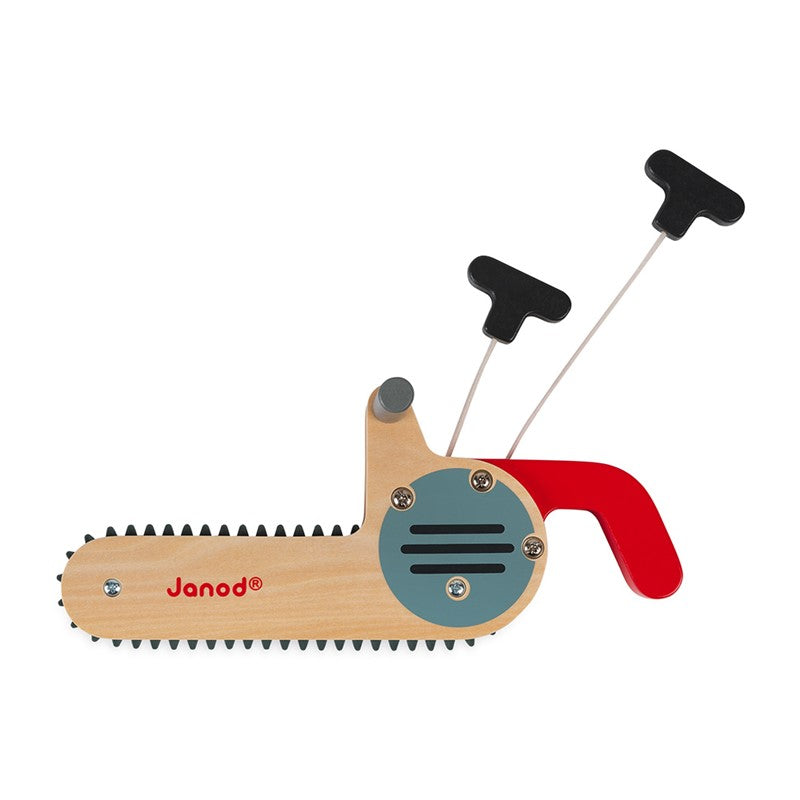 Serra de brincar Janod Brico Kids em madeira, com pormenores em vermelho e corrente de silicone, ideal para brincadeiras de construção.