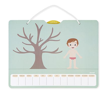 Vista detalhada do Janod Calendario das estações do ano na estação do Verão, mostrando uma árvore com frutos e uma criança em trajes de verão.