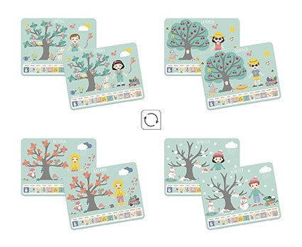 Calendário das estações Janod em madeira, exibindo a estação do Verão com ímanes de sol, roupa leve e paisagem verde.