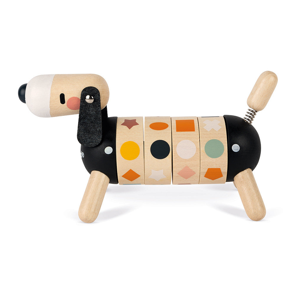 Cão de madeira Janod Sweet Cocoon com peças de formas e cores alinhadas. Brinquedo para aprender.
