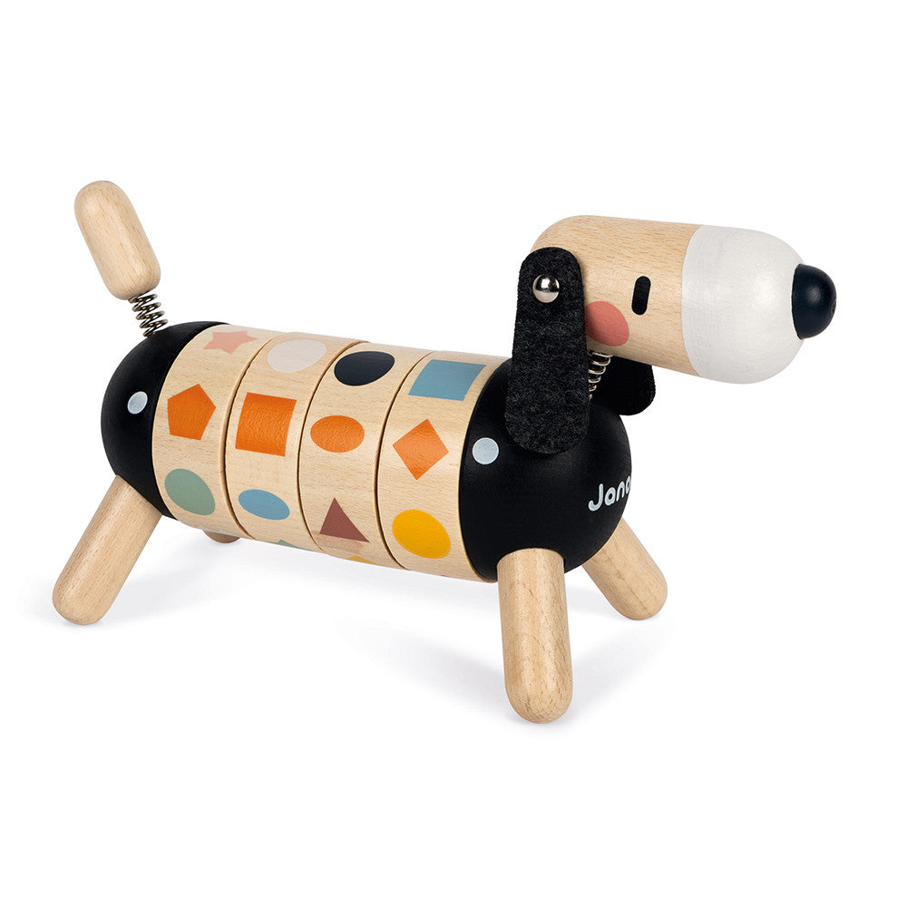 Janod Cão de madeira com formas e cores, coleção Sweet Cocoon. Detalhe da cabeça e corpo.
