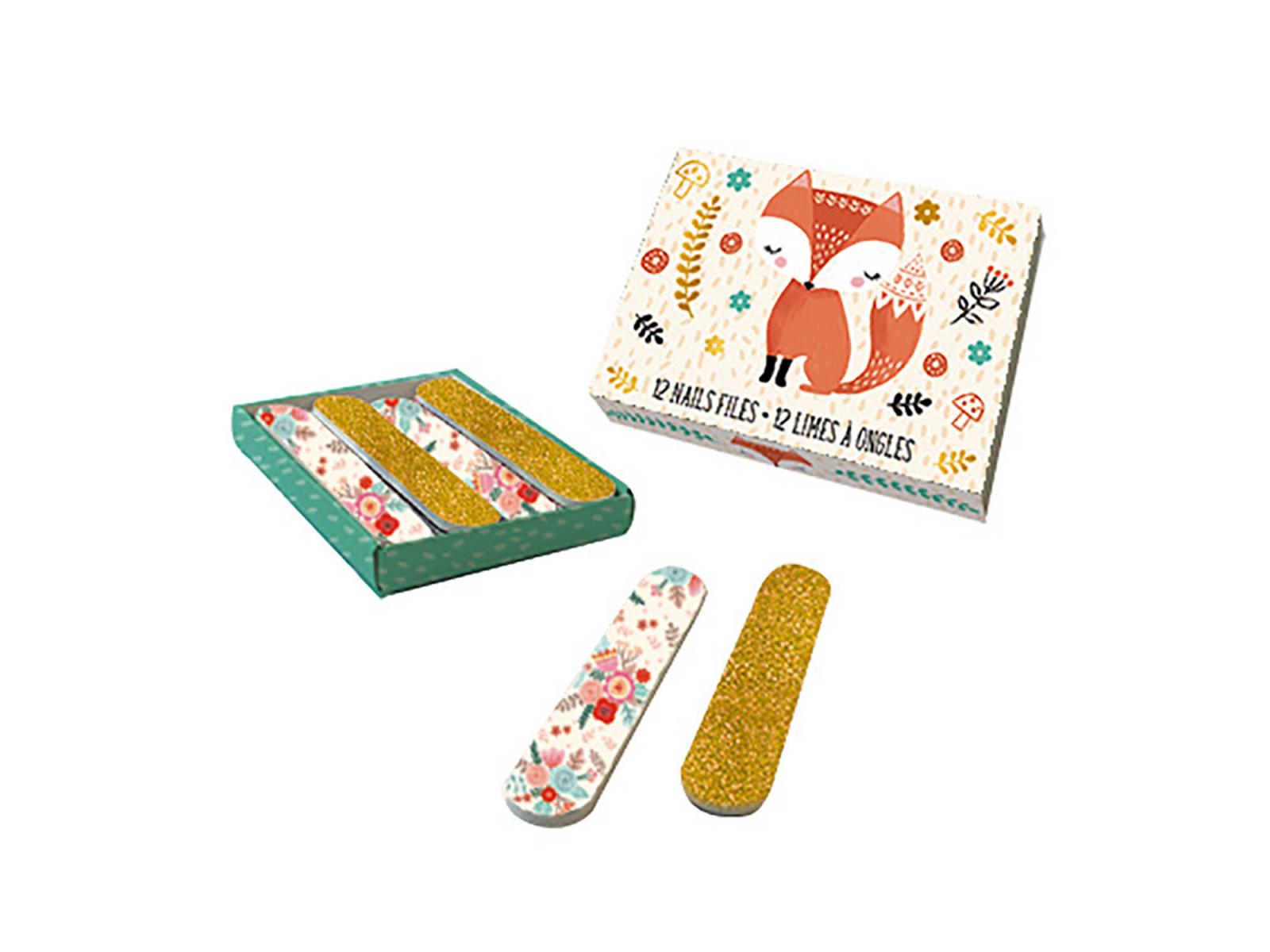 Conjunto Janod de 12 mini limas para unhas com tema raposa e flores, caixa e duas limas visíveis.