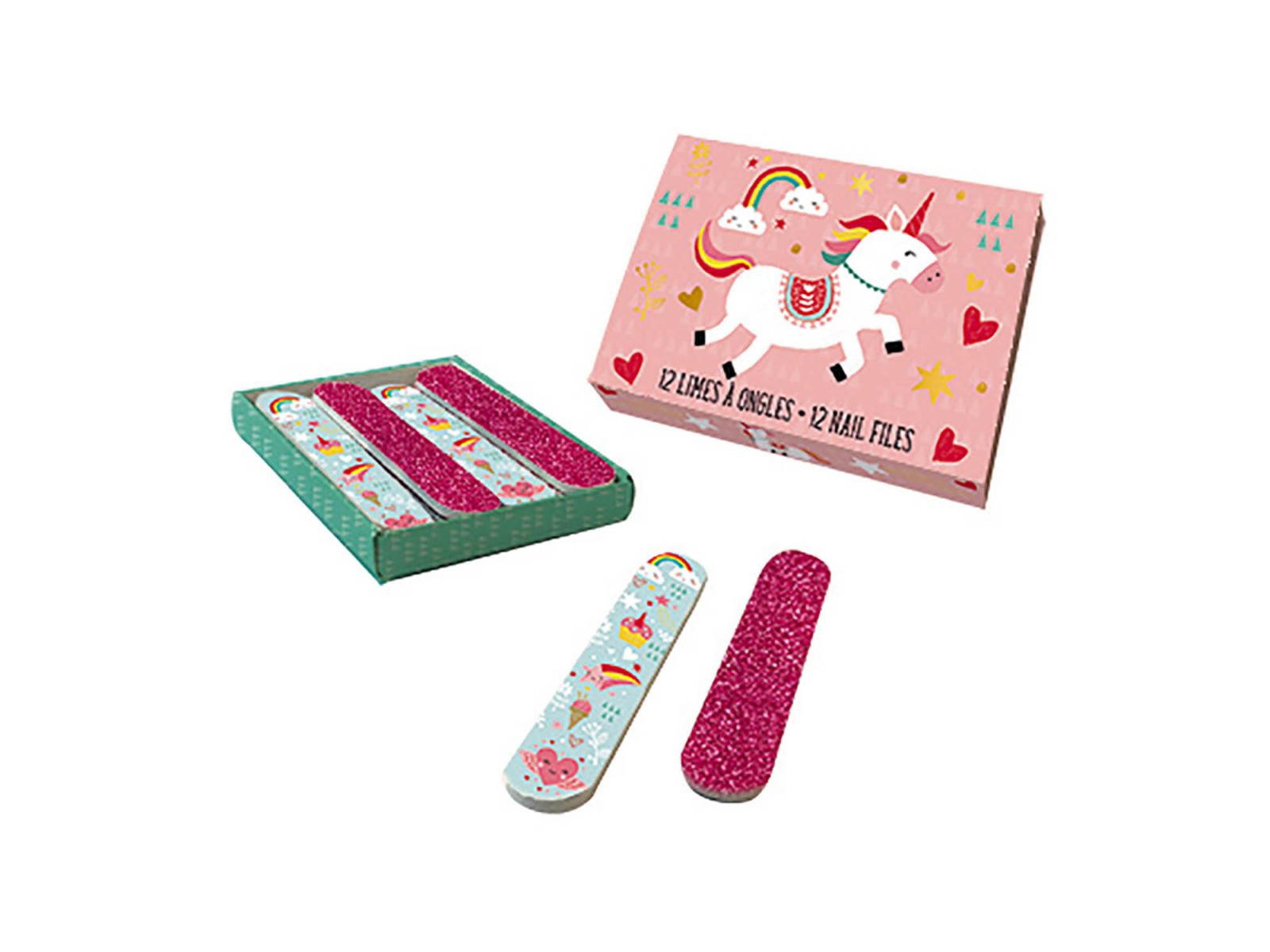 Conjunto Janod de 12 mini limas para unhas com tema unicórnio e arco-íris, caixa e duas limas visíveis.