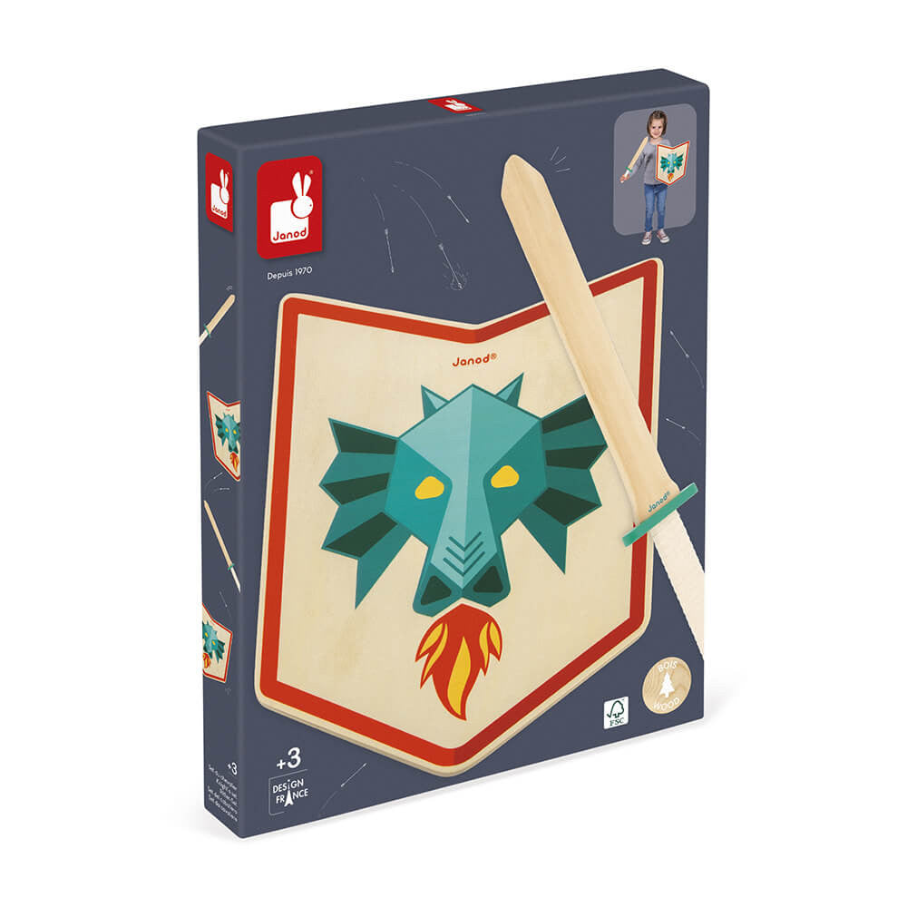 Espada de madeira Janod Dragão, com pega coberta de tecido vermelho para melhor aderência.