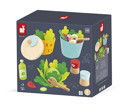 Acessórios completos do conjunto de salada Janod, incluindo escorredor, garrafa de azeite e utensílios de madeira para preparar a refeição.