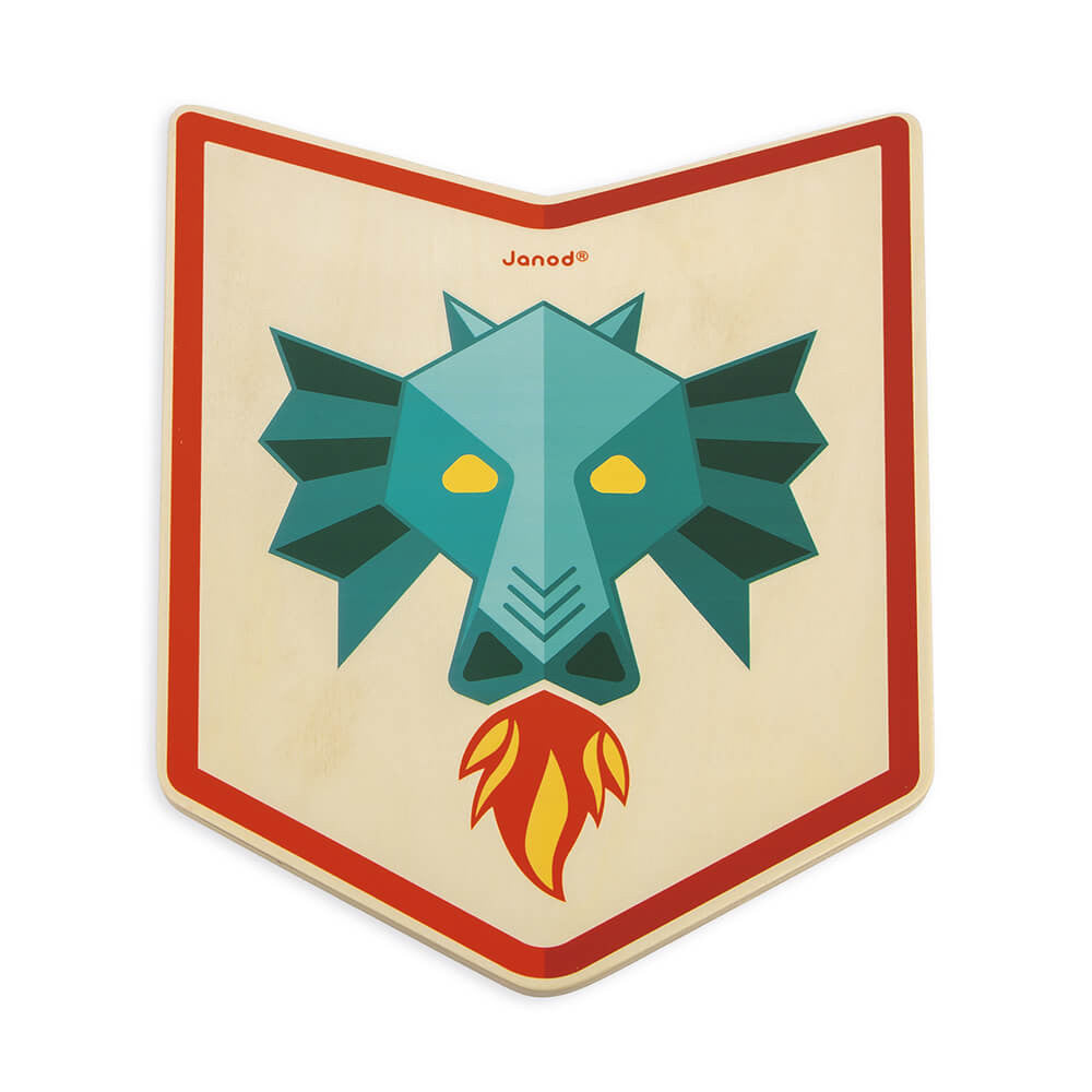 Detalhe do escudo de madeira Janod com design artístico de cabeça de dragão.