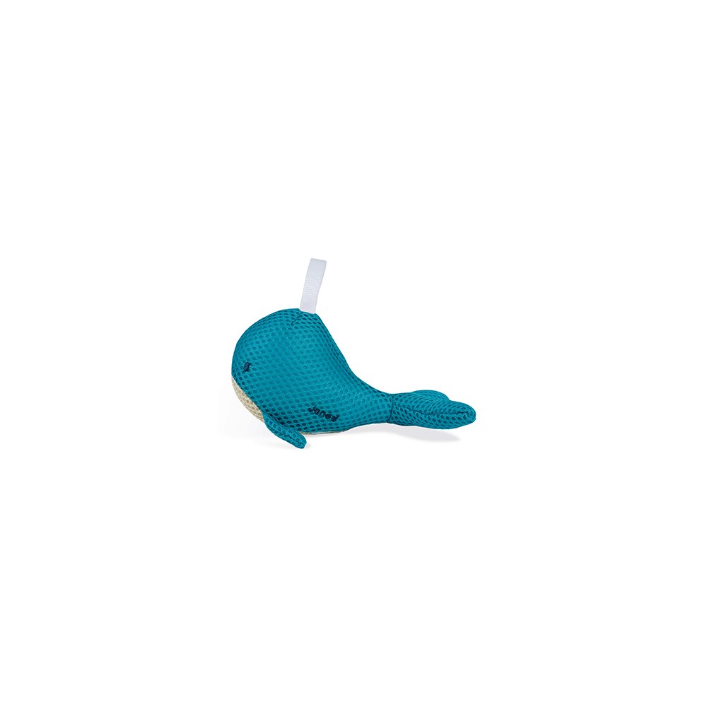Esponja de banho Janod em forma de baleia azul sobre fundo branco.