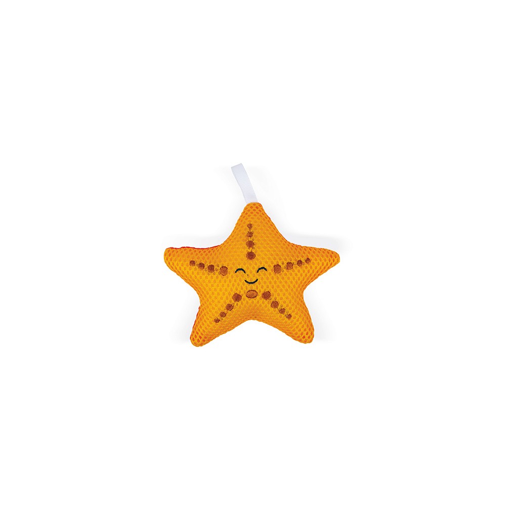 Esponja de banho Janod em forma de estrela do mar amarela sobre fundo branco.