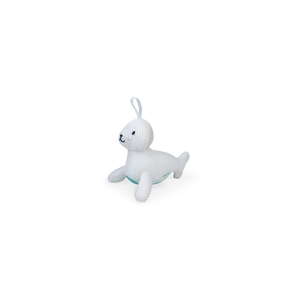 Esponja de banho Janod em forma de foca branca sobre fundo branco.