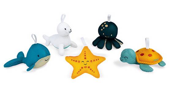 Conjunto das 5 JANOD Esponjas os amigos do banho: baleia, foca, estrela do mar, polvo e tartaruga.