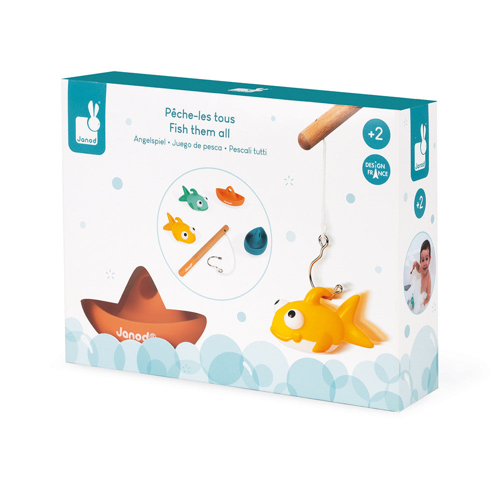 Embalagem do jogo de pesca Janod, mostrando o design e as peças incluídas.