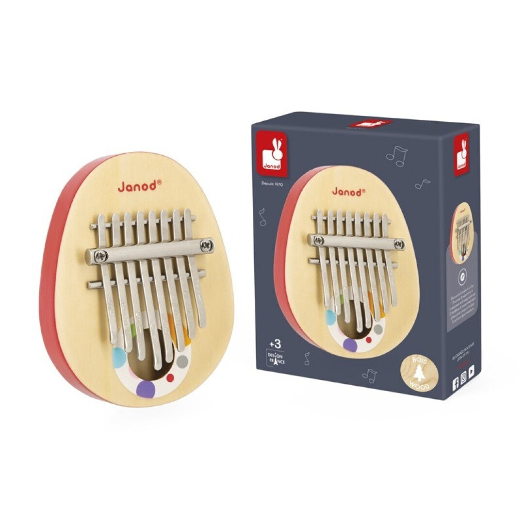 Kalimba Janod Confetti com 8 teclas de metal e caixa colorida da coleção Confetti, design apelativo para crianças a partir dos 3 anos.