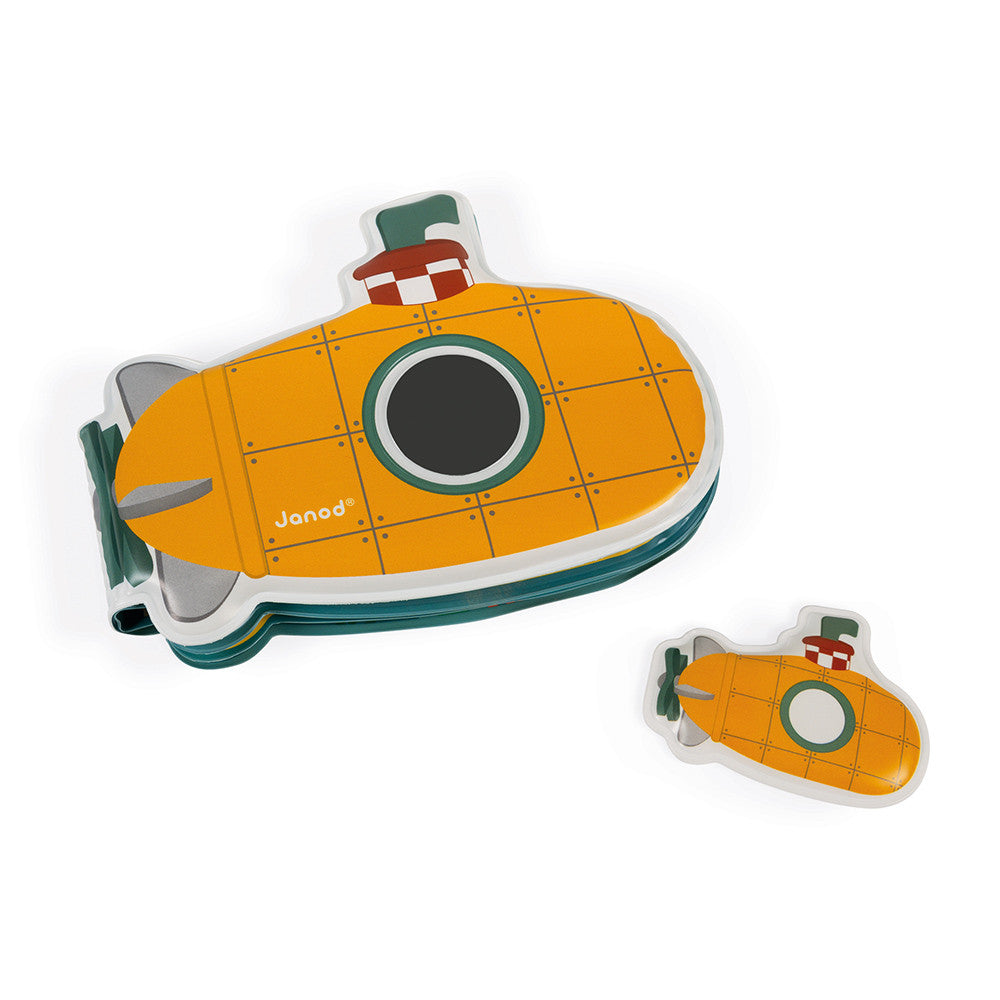 Livro Submarino Janod fechado e mini submarino destacável vistos de cima.