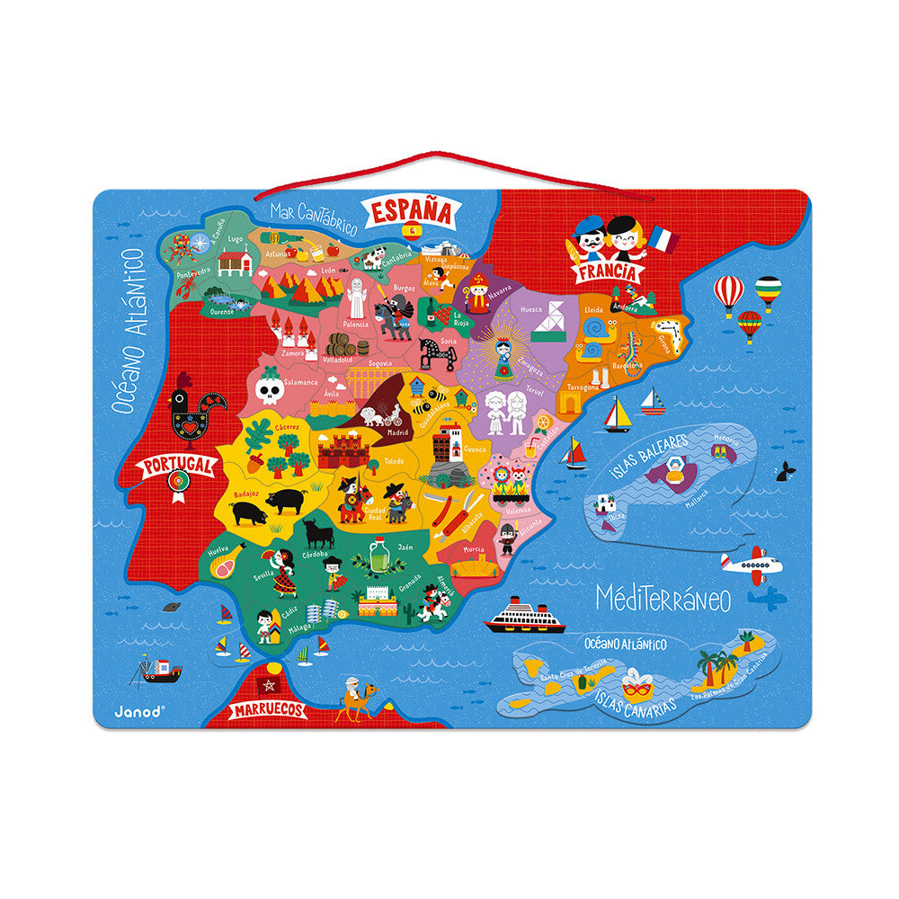 Detalhe do mapa magnético Janod da Península Ibérica com ícones representando as culturas regionais de Portugal e Espanha.