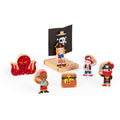 Conjunto de madeira Janod Mini histórias As aventuras dos piratas, com personagens, jangada, polvo e tesouro.