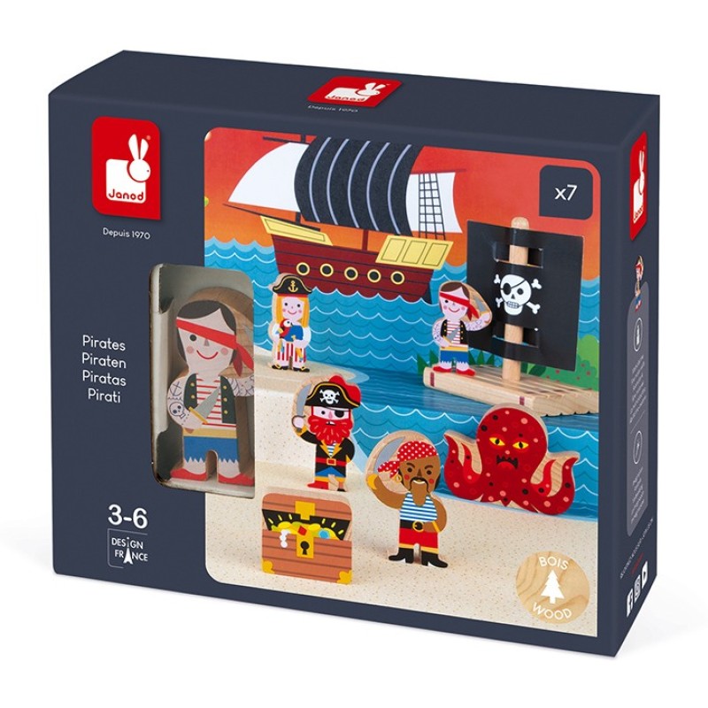 Embalagem do brinquedo Janod Mini histórias As aventuras dos piratas, indicando a idade recomendada (3-6 anos).