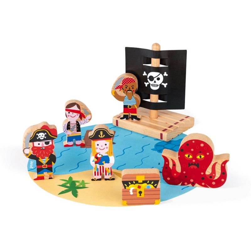 Diversas personagens de madeira do conjunto Janod Mini histórias As aventuras dos piratas em cenário de brincadeira.