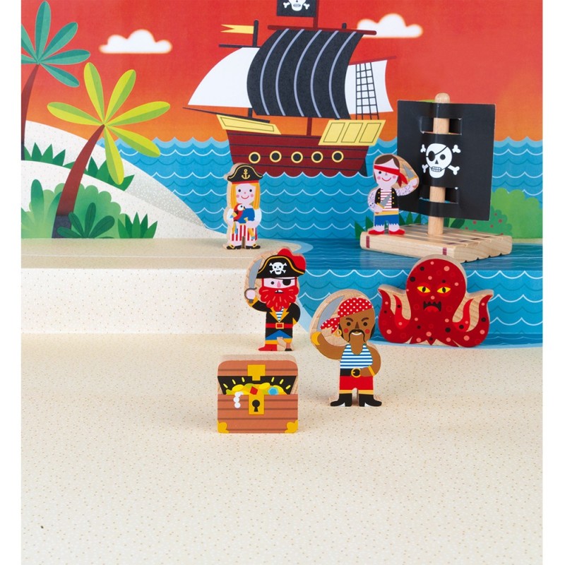 Conjunto de madeira Janod Mini histórias As aventuras dos piratas, com personagens, jangada, polvo e tesouro.