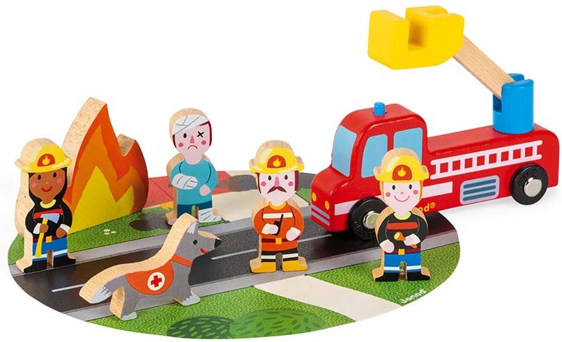 Conjunto Janod Mini histórias - As aventuras dos Bombeiros, com figuras de bombeiros, cão, vítima, chamas e camião com escada.