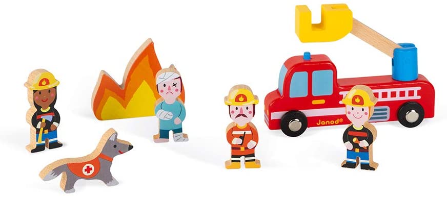 Detalhe do conjunto Janod Mini histórias - As aventuras dos Bombeiros, mostrando as figuras e o camião de bombeiros.