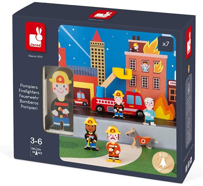 Embalagem do conjunto Janod Mini histórias - As aventuras dos Bombeiros, indicando a idade recomendada (3-6 anos).
