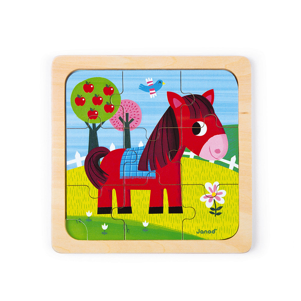 [Embalagem original do puzzle de madeira Janod O Cavalo Tornado de 9 peças para desenvolvimento infantil.]