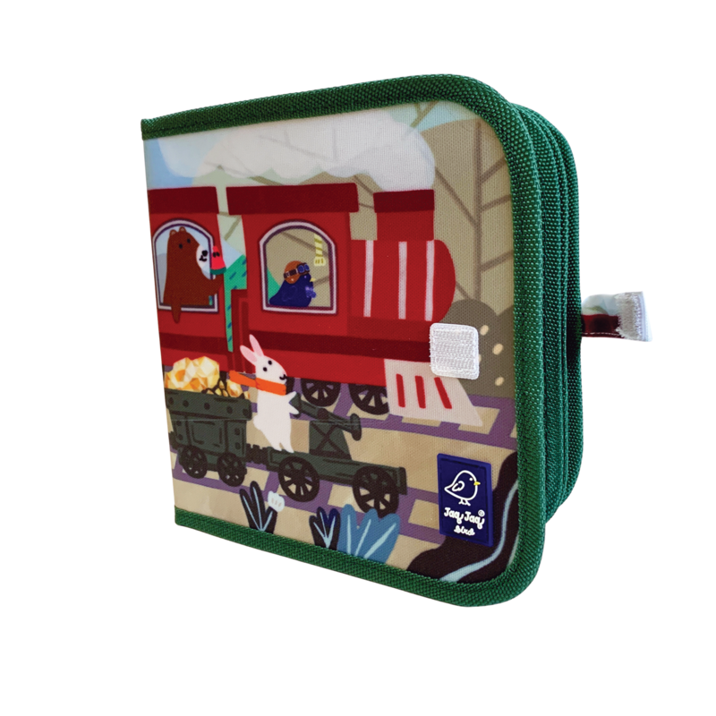 Conjunto completo do produto: Livro de ardósia Jaq Jaq Bird, 4 paus de giz ButterStix não tóxicos e pano de limpeza.