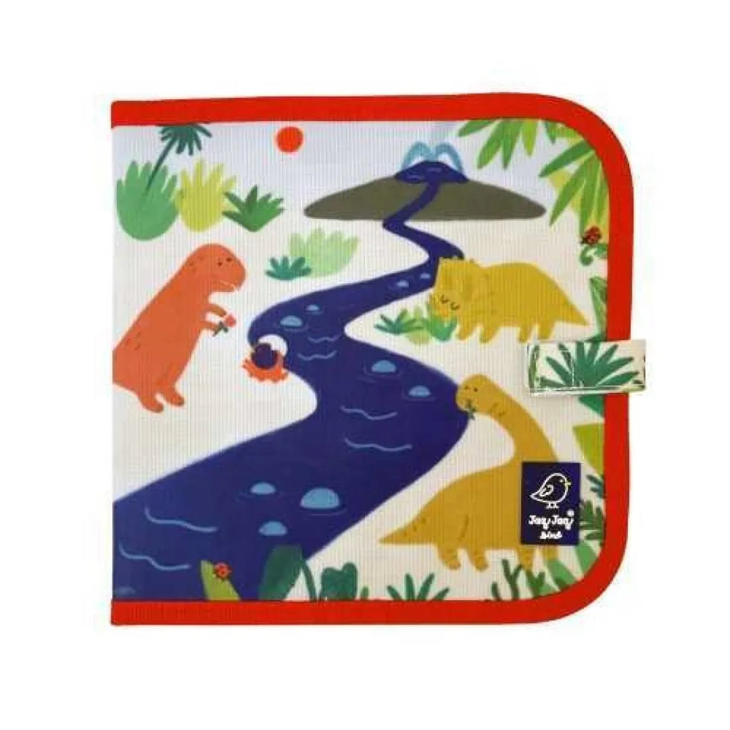 Capa do Livro Ardósia Jaq Jaq Bird com tema Dinossauro, aberto mostrando uma página com desenho de dinossauro a giz.