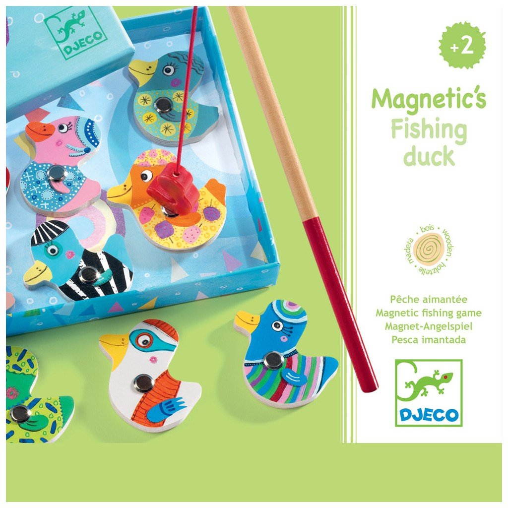 Jogo Djeco Pesca Magnético Fishing Duck em ação, com patos coloridos de madeira e vara de pesca magnética, dentro e fora da caixa.