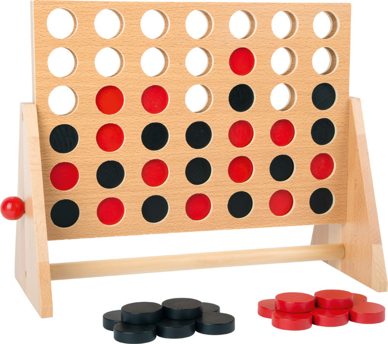 Jogo 4 em linha XL em madeira, com todas as peças prontas para o jogo, num fundo branco.