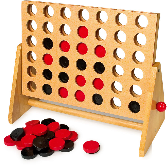 Jogo 4 em linha XL em madeira, com peças vermelhas e pretas, pronto para jogar. Um jogo clássico de estratégia para 2 jogadores.