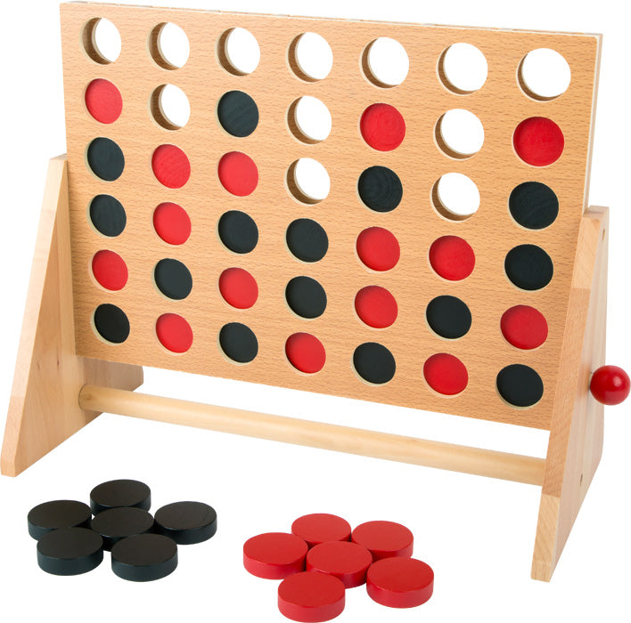 Close-up do tabuleiro de jogo 4 em linha XL, mostrando os buracos e algumas peças já colocadas.