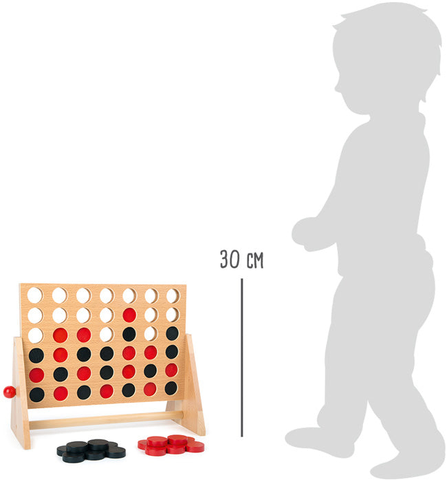 Comparação de tamanho do jogo 4 em linha XL com uma criança, mostrando as dimensões reais do jogo.