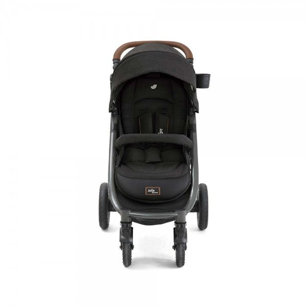 Carrinho Joie Mytrax Flex Signature em modo viagem, com um portabebé Joie (não incluído) instalado no chassis, demonstrando a compatibilidade com Grupo 0.