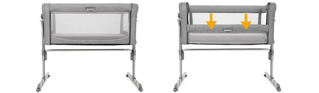 Berço Joie Roomie glide com o sistema de ajuste de altura visível, demonstrando a facilidade de nivelamento com a cama dos pais.