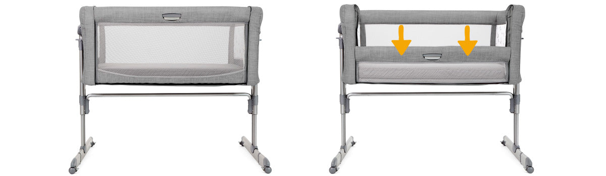 Berço Joie Roomie glide com o sistema de ajuste de altura visível, demonstrando a facilidade de nivelamento com a cama dos pais.