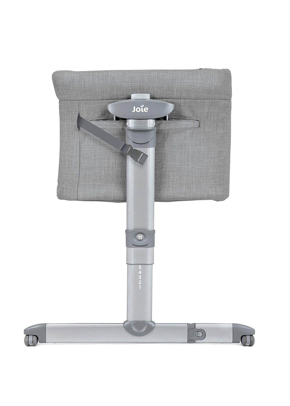 O berço Joie Roomie glide com a lateral levantada, funcionando como um berço independente, com colchão firme visível.