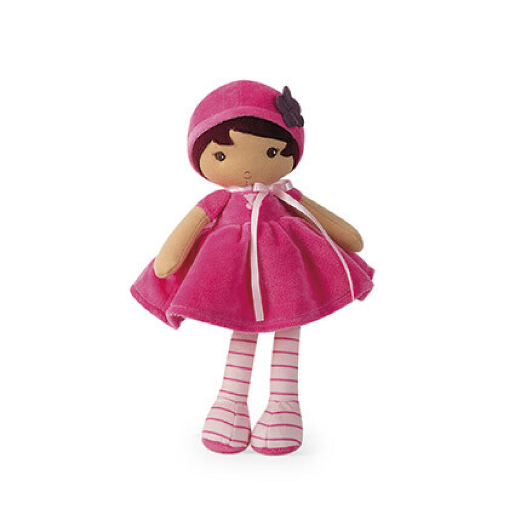 Boneca Emma Kaloo de peluche, vestida de rosa, sorrindo, ideal para bebé desde o nascimento.