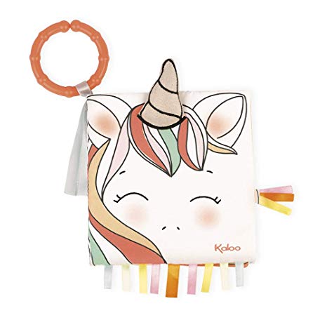 Livro sensorial Kaloo Unicorn com capa de unicórnio, anel de dentição e fitas coloridas.