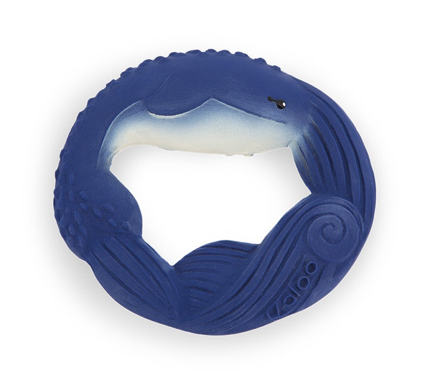 Mordedor anel de dentição Kaloo em forma de baleia, feito de borracha natural flexível, ideal para aliviar as gengivas do bebé.