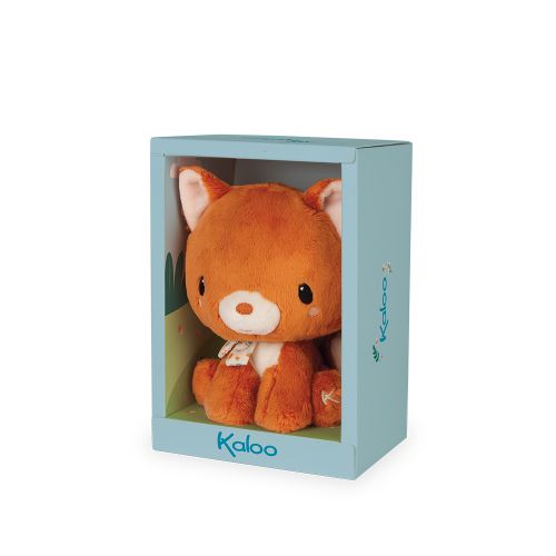 Peluche Kaloo Nino a Raposa de 15 cm dentro da sua caixa de presente azul, pronto para oferecer.