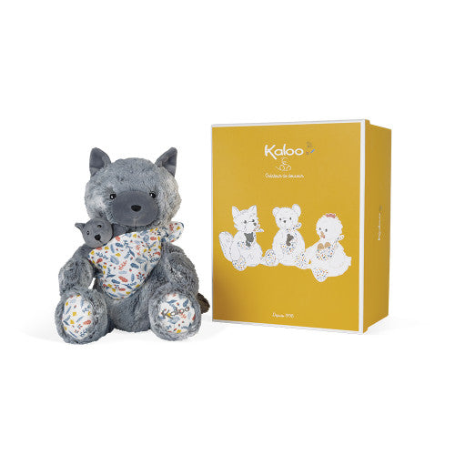 Imagem da caixa de oferta reutilizável que acompanha o peluche Kaloo Lobo Babywearing, ideal para presente.