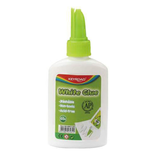 Frasco de cola branca Keyroad de 60gr com aplicador de precisão, ideal para trabalhos manuais em papel e cartão.