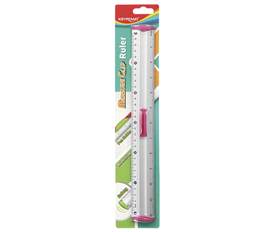 Embalagem da régua de alumínio Keyroad de 30 cm, mostrando o produto através de plástico transparente, com detalhes em vermelho e verde.