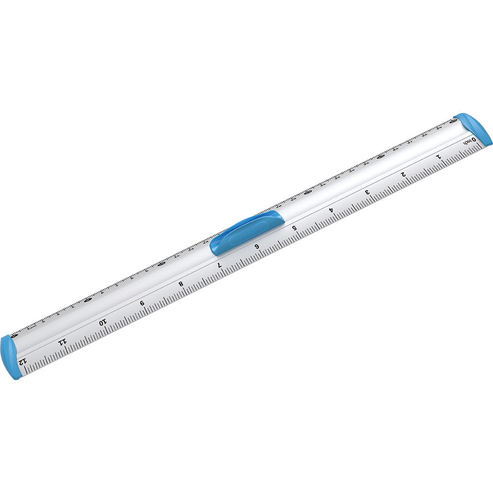Régua de alumínio Keyroad de 30 cm (12 polegadas) com marcações claras, destacando o clipe deslizante azul para marcação.
